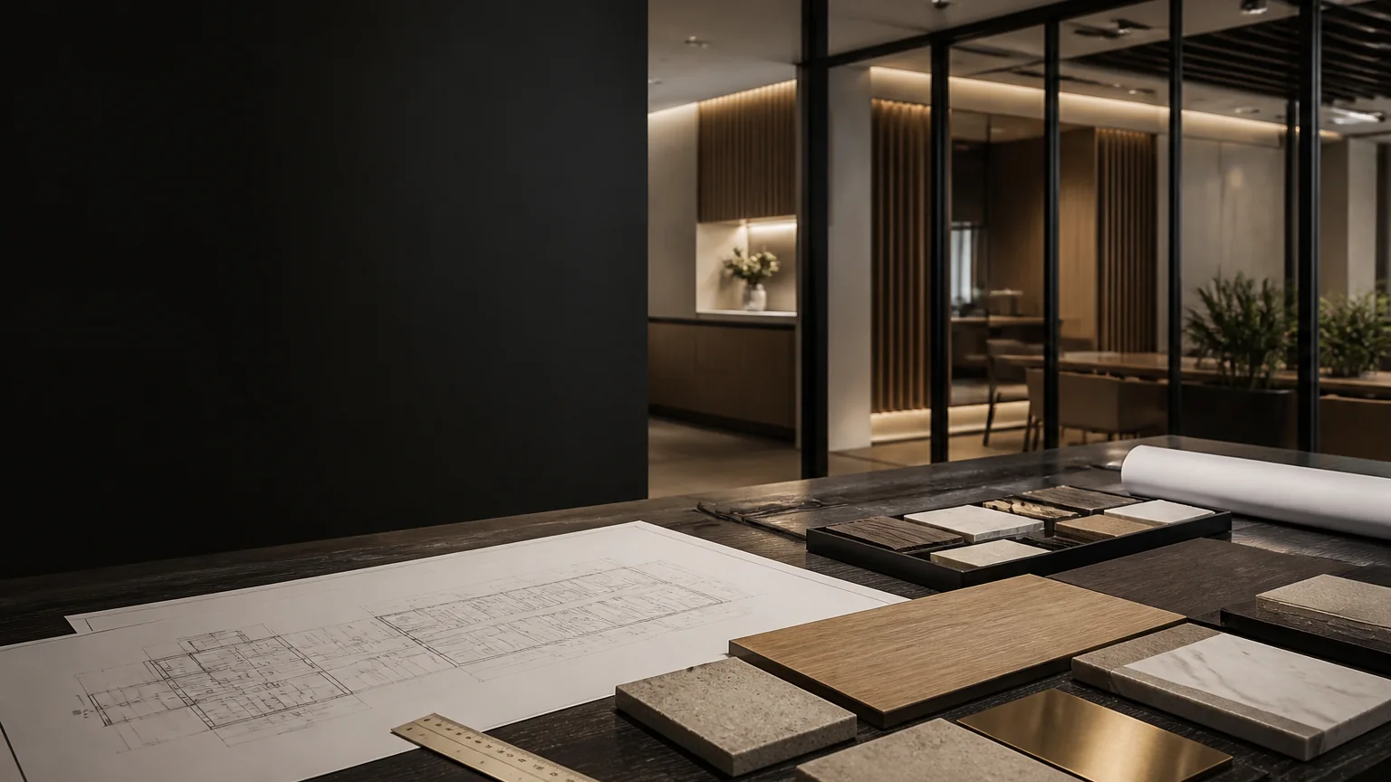 Commercial interior consultation table with architectural plans and material samples