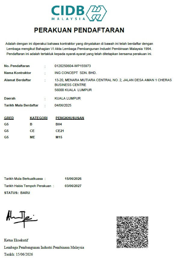 CIDB contractor registration certificate for ING Concept Sdn Bhd