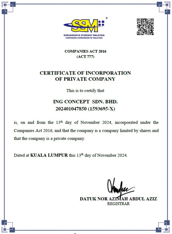 SSM company registration document for ING Concept Sdn Bhd