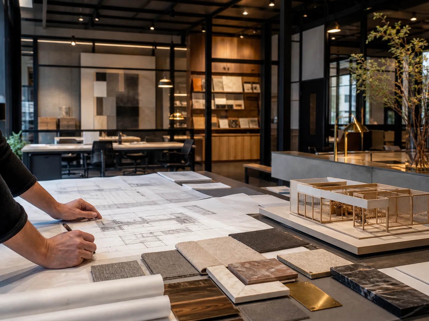 Interior design review with plans, material samples and an architectural model