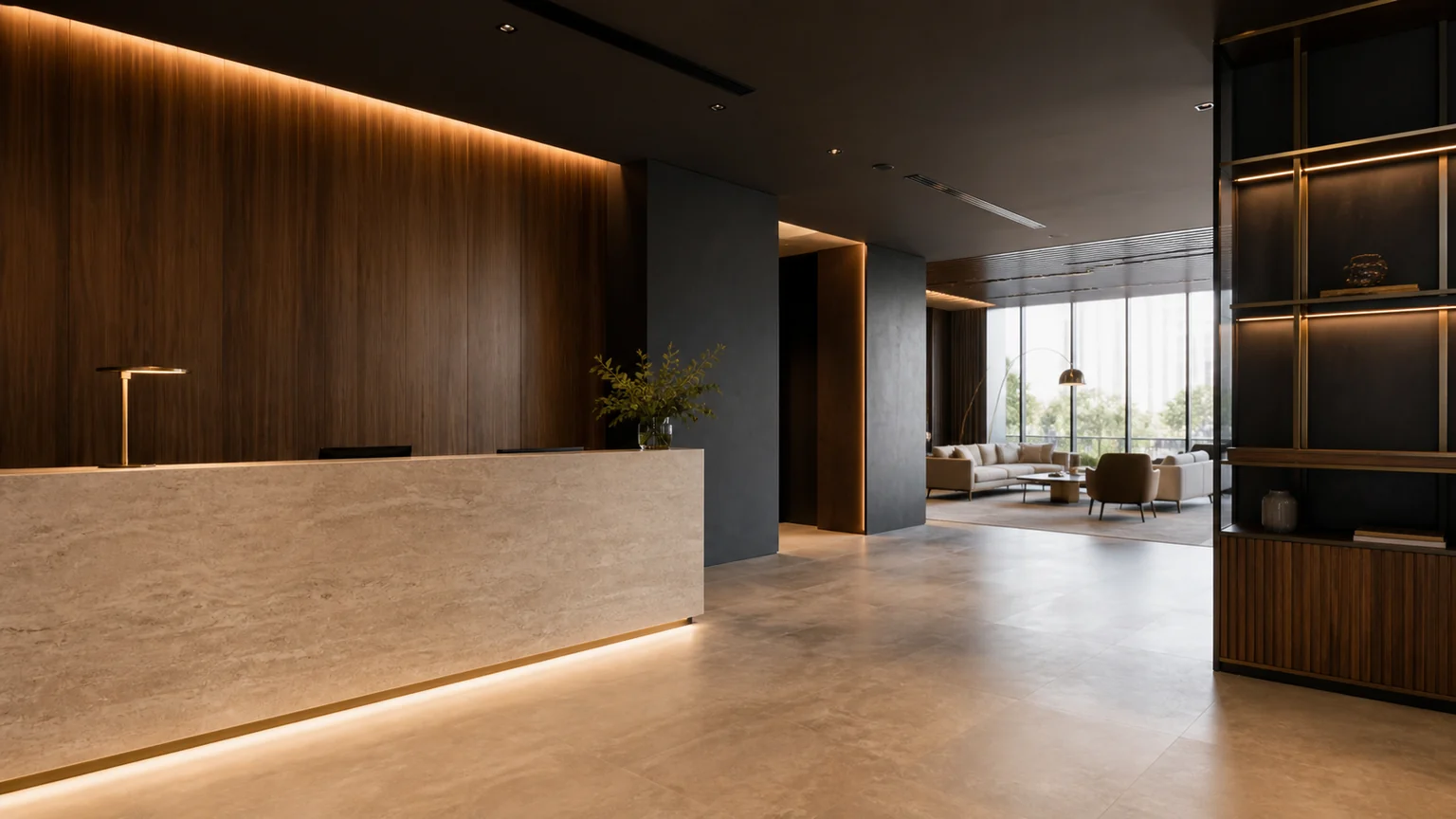 Concept visualization of a completed commercial reception and lounge interior