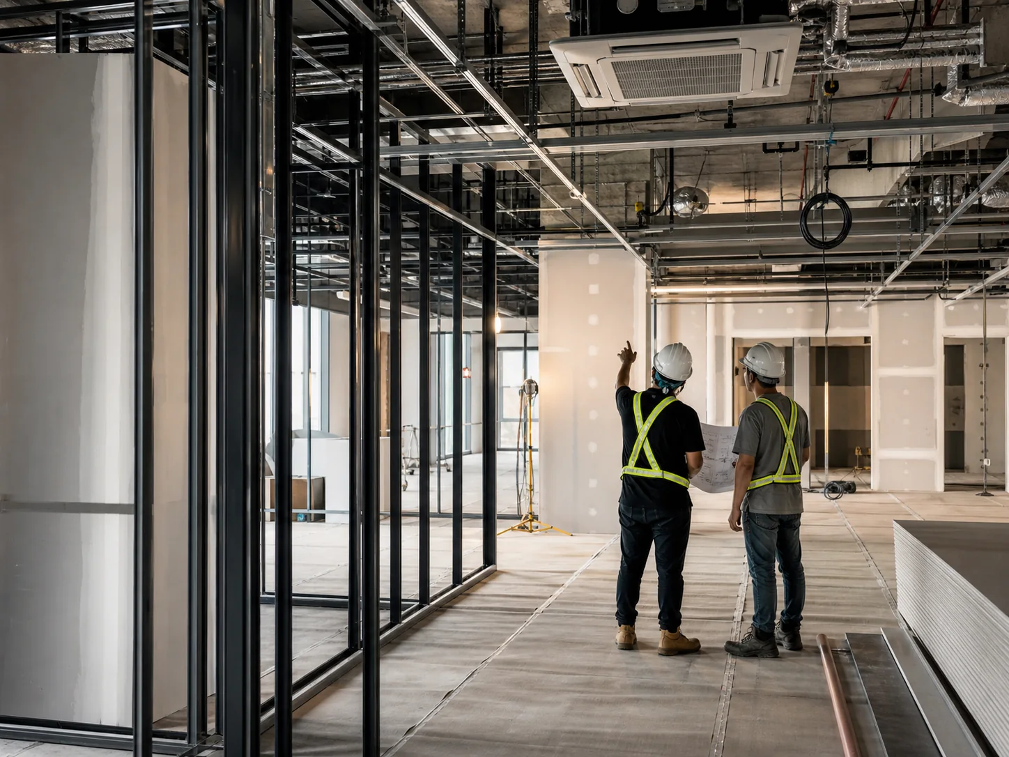 Commercial fit-out team coordinating ceiling services and partition framing on site