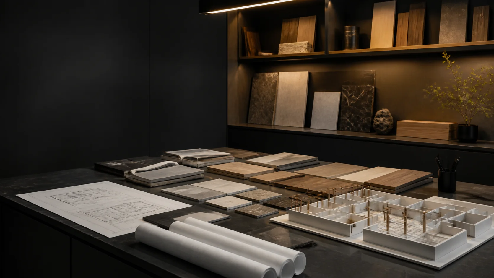 Commercial interior design studio with material samples, drawings and a scale floor-plan model